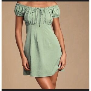 Lulus Green Solid Off The Shoulder Flutter Sleeve Mini Dress‎ Lace Drawstring S